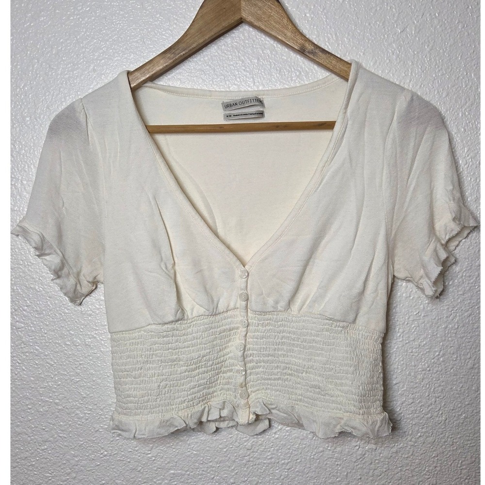 Urban Outfitters Cream Smocked Button Front Crop Top Size Medium Coquette Summer